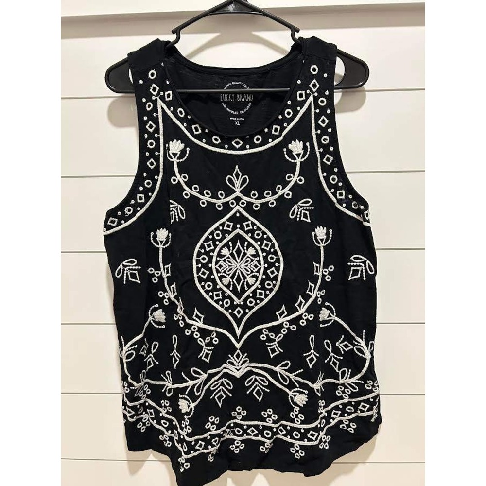 Lucky Brand Womens XL Black White Embroidered Boho Cotton Tank Top Sleeveless